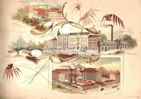 [Képes árukatalógus] Az 1883-ban alapított berlini Allgemeine Elektricitäts-Gesellschaft épületvillamossági vállalkozás képes árukatalógusa (1894). Berlin, 1894. (Otto Elsner Druckerei). 1 t. (színes kőnyomatú címképen a gyártelep rajza) + [4] + 37 + [1] p.; 19 + [1] p.; 21 + [1] p.; 16 p.; 15 + [1] p.; 10 p.; 17 + [1] p.; 20 p.; 13 + [1] p.; 8 p.; 41 + [1] p; 7 + [1] p. A berlini AEG épületvillamossági vállalkozás képes árukatalógusa lakóépületek, középületek és ipari épületek elektromos rendszereinek részleteit vázolja, oldalszámozáson belül egész oldalas ábrákkal, alaprajzokkal. A bevezetőből és nyolc tematikus fejezetből álló katalógus végén tartalomjegyzék. Az előzékeken Németország vasútjainak térképe, illetve hajózási világtérkép. A bekötött, enyhén elszíneződött eredeti borítón az AEG logója. Példányunk fűzése az előzékeknél enyhén meglazult. Hiányos gerincű, kissé kopott, enyhén sérült, illusztrált kiadói kaucsuk kötésben (Baumbach & Co., Leipzig), vörös festésű lapszélekkel.