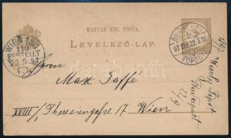 1897 2kr díjjegyes levelezőlap Bécsbe küldve, Wessely Lipót műintézetéből feladva
