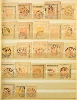 Díjjegyes és illetékjegyes kivágások, köztük szép bélyegzések, díjkiegészítések is, 10 lapos, A/4-es berakóban (elvált gerinc)