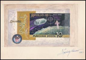 1972 Légrády Sándor Apollo-16 bélyegterve a tervező aláírásával. Képméret: 167 x 97 mm