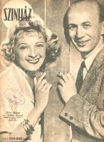 [Folyóirat] Színház. Képes művészeti hetilap. Felelős szerkesztő: Deák Zoltán. Megjelenik minden szerdán. II. évfolyam, 26-49/50. szám. (Második félévfolyam, 1946. július 10. -1946. december 18.) [Egybekötve.] Budapest, 1946. Magyar Színészek Szabad Szakszervezete - Forrás-nyomda. A lapszámok terjedelme 32, a karácsonyi dupla számé 64 oldal. A "Színház" címmel megjelent, gazdagon illusztrált hetilap 1945 augusztusa és 1948 augusztusa között jelent meg; mindössze négy évfolyamot ért meg. A "Film, Színház, Irodalom" és más Horthy-korszak-béli társasági-színházi lapok hagyományát tovább vivő magazin a sztárkultusz művelése mellett hírt ad a színházi bemutatókról, interjúkat készít színészekkel és rendezőkkel, újra értelmezi az irodalom, a színház és politika kapcsolatát, színházi riportokat és színi kritikákat közöl, ünnepli a magyar filmszínészek amerikai sikereit, bemutatja a legfrissebb hollywoodi színészlegendákat, divathíreket ad, és különösen a nyári lapszámokban erős terjedelmet szentel a női test ünneplésének. A koalíciós idők mérsékelt időszakából származó folyóirat-gyűjteményünk érdekes kettősséggel jellemezhető. A Heltai Jenő, Szép Ernő rövid publicisztikáival fellépő lapszámainkba mind inkább belopakodik a politika: a színész és filmes szakszervezetek híreiről értesülhetünk; Zsolt Béla politikussal, a magasabb politikai szférából Tildy Zoltánnal és Szakasits Árpáddal születnek interjúk, a szovjet katonai küldöttség tagjai fel-feltűnnek a különféle színházi bemutatókon és ankétokon, a színészek pedig híd-újjáépítésekről készült fotómontázsokon szerepelnek. Gyűjteményünk első számában (II/26.) Zilahy Lajos író és színpadi szerző igen sötét képet fest a magyar irodalom jelenlegi helyzetéről, a színész szakszervezet éléről érkezett Staud Géza szerkesztő néhány lapszámmal később felszólítja a magyar írókat és színpadi szerzőket, hogy fogjanak hozzá a munkához, a demokratikus újjáépítésben ugyanis nekik is szerepük lesz. A színházak államosításának híre ugyan örömhírként jelentkezik a lapban, de ez nem akadályozza meg abban, hogy örvendezzen egyes színészeink (Mály Gerő, Jávor Pál, Gábor Zsazsa) amerikai karrierjének beindulásán. Mindent összevéve a koalíciós idők zenitjén keletkezett színházi lapszámaink még egy bohém világról adnak híreket, melybe a hazai politika még csak beszüremkedik, ám az irányítást még nem vette át. A lap felelős szerkesztői pozíciójában Deák Zoltán forgatókönyvírót Staud Géza szakszervezeti elnök váltotta a 33. lapszámtól. Példányunkból összesen egy levél hiányzik, egy levélen kisebb hiány, két levélen apró szakadásnyom. Az első lapszám címlapján régi gyűjteményi bélyegzés, az előzékeken régi tulajdonosi bélyegzés. Aranyozott, enyhén foltos gerincű korabeli félvászon kötésben. Jó példány.