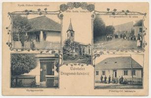 1913 Dragomérfalva, Dragomir, Dragomiresti; Nyák Gábor kereskedése, görögkatolikus templom, Fő utca, gyógyszertár, pénzügyőri laktanya / shop, Greek Catholic church, street, pharmacy, military barracks (fl)