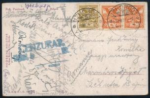 1921 Képeslap a csehszlovákiai Ungvárról kétnyelvű bélyegzéssel Máramarosszigetre, román cenzúrával