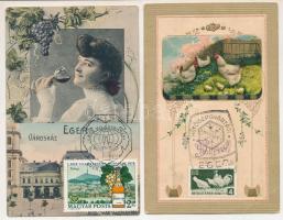 4 Szép régi képeslap (3 db Eger és 1 húsvéti) modern bélyegekkel és bélyegzéssel a képoldalon