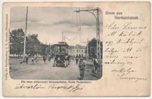 1904 Nagyszeben, Hermannstadt, Sibiu; Die neue elektrische Strassenbahn: Erste Probefahrt! Verlag G. A. Seraphin, Lichtdruck v. Jos. Drotleff / A villamos hálózat első elektromos kocsija Nagyszebenben, az első próbaút, tesztvezetés / the first electric omnibus (tram car) on its first test drive in Sibiu (felszíni sérülés / surface damage)