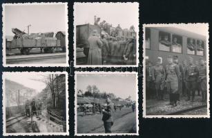 cca 1940 Magyar katonák vasútvonalnál, közte magas rangú tisztek, repülőgépet szállító tehervagon, gulyáságyú, stb.; összesen 5 db fotó, 8,5x6 cm és 6x6 cm