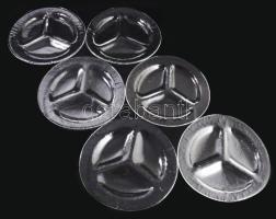 Mid-century iparművész bordázott üveg 6 személyes háromosztatú kínáló garnitúra, hibátlan, d: 24 cm