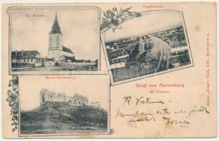 1906 Barcaföldvár, Földvár, Marienburg, Feldioara; Barcaföldvár vára, Evangélikus templom, látkép. Atelier "Anna" Wien / Cetatea Feldioarei / Ev. Kirche, Ruine Marienburg, Totalansicht / castle ruins, Lutheran church, general view. Art Nouveau, floral (Rb)