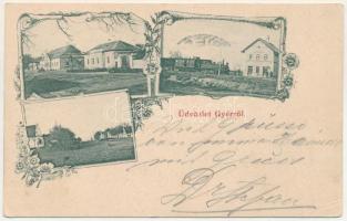 1900 Gyér, Giera; vasútállomás, gőzmozdony, vonat, Gyertyánfy Andor (Gyertyánffy) kastély, Fő utca / railway station, locomotive, train, castle, main street. Art Nouveau, floral (EB)