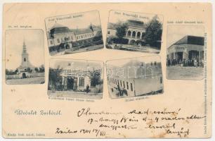 1901 Zsibó, Jibou; Református templom, Báró Wesselényi kastély, Állami iskola, Wertheimer Dezső, Roth Adolf üzlete és saját kiadása. Szabó fivérek fényképészeti műintézete / Calvinist church, castle, school, publisher's shop. Art Nouveau (lyukak / pinholes)