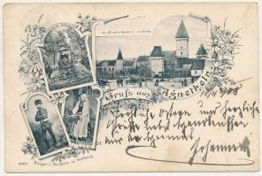 1908 Szentágota, Agnetheln, Agnita; Fronius-Denkmal im Schulgarten, Ev. Hauptvolksschule u. Kirche, Bürger u. Bürgerin im Festkleide / Fronius emlékmű az iskolakertben, Evangélikus templom és iskola, erdélyi szász népviselet. M. Lang és fia kiadása, szecessziós-virágos keret / monument in the school garden, Lutheran church and school, Transylvanian Saxon folklore. Art Nouveau, floral frame (EK)