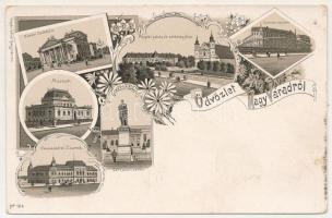 Nagyvárad, Oradea; Városi színház, múzeum, Püspöki palota és székesegyház, Ezredévi emléktér, Szent László szobor, Kereskedelmi csarnok. Ungár Jenő kiadása, szecessziós-virágos litho / theatre, museum, bishop's palace and cathedral, square, monument, trade hall. Art Nouveau, floral, litho (kopott sarkak / worn corners)