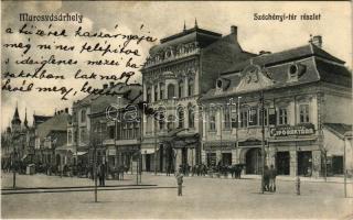 Marosvásárhely, Targu Mures; Széchenyi tér, Benjamin Adolf, Hary Géza, Vasváry és Halász, Hübner Lajos, József Emil üzlete, Bank és takarékpénztár. Porjes S. Sándor kiadása / square, shops, savings bank (EK)