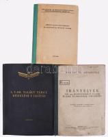 3 db vasúti témájú kiadvány: Magyar Államvasutak. Irányelvek 1435 mm nyomtávolságú pályák és ezek állomásainak tervezésére. Bp., 1954, Közlekedés- és Postaügyi Minisztérium Vasúti Főosztálya. Kiadói félvászon-kötés, kissé viseltes állapotban, ázásnyomokkal. Megjelent 2000 példányban. + Közúti vasúti pályaépítési és fenntartási műszaki adatok. Bp., 1967, Közdok. Kiadói félvászon-kötés. Megjelent 630 példányban. + C. 7. sz. talált tárgy kezelési utasítás. Bp., 1972, Közdok. Kiadói nyl-borítóban. Megjelent 5000 példányban.
