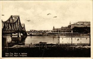1932 Újvidék, Novi Sad; Most i tvrdjava / híd és Pétervárad vára, repülők / Festung Peterwardein / Grad Petrovaradin / castle, bridge, airplanes (gyűrődések / creases)