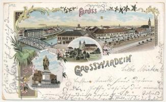 1897 Nagyvárad, Oradea; látkép, Körös híd, zsinagóga, Szent László szobor / general view, Cris riverside, synagogue, monument. Hermann Seibt (Kretzschmar &amp; Schatz) Art Nouveau, floral, litho (kopott sarkak / worn corners)