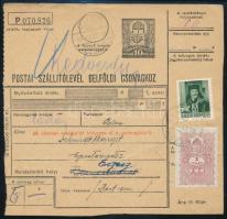1943 Postaszemélyzeti díjkedvezménnyel feladott 10f díjú csomagszállító levél Hadvezérek 8f + 1934 2f okmánybélyeggel vegyes bérmentesítésként, ritka felhasználás