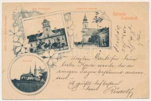 1900 Szatmárnémeti, Szatmár, Satu Mare; Régi törvényszék, Németi református templom, Kálvária. Lövy Miksa kiadása, szecessziós-virágos keret / old court, Calvinist church, calvary. Art Nouveau, floral frame (kis szakadás / small tear)