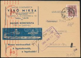 1942.05.03. Cenzúrázott levelezőlap Németországba, egyezményes 24f díjjal, korcsolya reklámmal, Templom II. bélyeggel, luxus minőségben