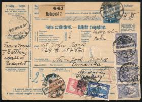 1928.09.08. Csomagszállító levél az USA-ba, négyszínű 4P 85f bérmentesítéssel: Keskeny Madonna 4 x 1P + Pengő fillér 40f + 20f + 25f