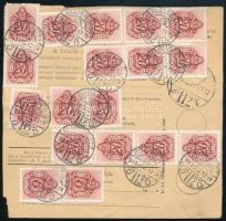 1941.09.15. 20kg -os csomag szállítólevele 3p 20f díjjal, bérmentesítés nélkül feladva a díjszabás 1. napján , 3P 32f-el portózva: Barna portó 16 x 20f + 2 x 6f bélyeggel, látványos többes bérmentesítésű luxus minőségű darab "BOLDOGASSZONYFA - "BUDAPEST"