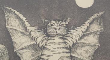 ZéKovács József (Zé Kovács Jozsef, 1951-): Bőrmacska. Rézkarc, akvarell, papír, jelzett, sorszámozot...