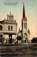 Muraszombat, Murska Sobota; Evangélikus templom, Nemecz János üzlete. Balkányi Ernő kiadása / Lutheran church, shop (EK)