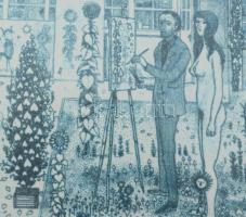 Gross Arnold (1929-2015): A művészet kertje. Ofszet nyomat, papír, jelzett a nyomaton, üvegezett fak...