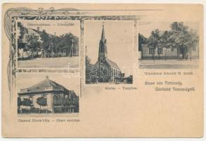 1911 Temesság, Saágh, Sag; Községháza, Templom, Obert vezér lak, Schmidt M. üzlete. Dajkovits J. utóda kiadása / town hall, church, villa, shop. Art Nouveau, floral (EK)