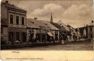 Hátszeg, Hateg; Stefan Sielariu, Groszeck Károly üzlete, templomok. Kendoff A. és fia kiadása / street view, shops, churches (kopott sarkak / worn corners)