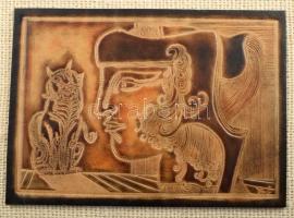 Szász Endre: Kompozíció. Macskás bőrkép, keretbe applikálva, bőrdarabban jelzett, 18x13 cm / 35x30 cm