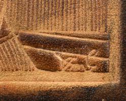 Szász Endre: Kompozíció. Macskás bőrkép, keretbe applikálva, bőrdarabban jelzett, 18x13 cm / 35x30 c...