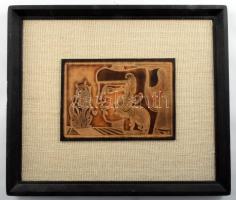 Szász Endre: Kompozíció. Macskás bőrkép, keretbe applikálva, bőrdarabban jelzett, 18x13 cm / 35x30 c...