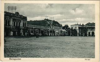 Beregszász, Beregovo, Berehove; Fő tér, Szálloda a Vasúthoz, Schvartz, Fritsch Sándor üzlete. Friedmann Móritz kiadása / main square, hotel, shops (EK)