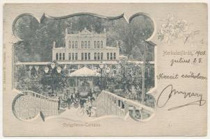 1904 Herkulesfürdő, Baile Herculane; Gyógyterem, hintó, gyerek kerékpárral. Hutterer G. kiadása / Cursalon / spa, horse-drawn carriage, child with bicycle. Art Nouveau, floral (Rb)