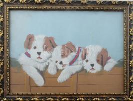 8-10 db gyenge akvarell, tempera munka és néhány nyomat, gobelin keretezve, közötte aranyos kutyás kép.