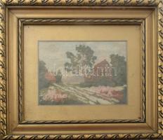 8-10 db gyenge akvarell, tempera munka és néhány nyomat, gobelin keretezve, közötte aranyos kutyás k...