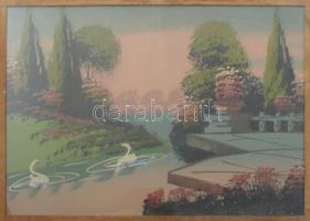 8-10 db gyenge akvarell, tempera munka és néhány nyomat, gobelin keretezve, közötte aranyos kutyás k...