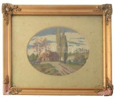 8-10 db gyenge akvarell, tempera munka és néhány nyomat, gobelin keretezve, közötte aranyos kutyás k...