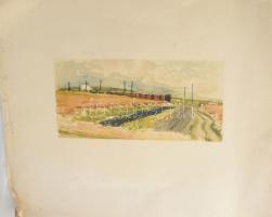 8-10 db gyenge akvarell, tempera munka és néhány nyomat, gobelin keretezve, közötte aranyos kutyás k...