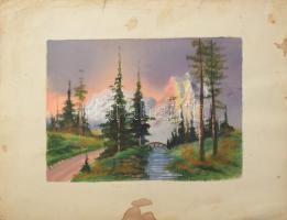 8-10 db gyenge akvarell, tempera munka és néhány nyomat, gobelin keretezve, közötte aranyos kutyás k...