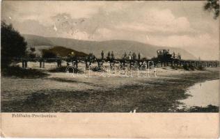 1909 Korneuburg, Feldbahn-Provisorium. Verlag Julius Kühkopf / Cs. és kir. vasúti és távirati ezred terhelési próbája, gőzmozdony, vonat / Austro-Hungarian K.u.k. bridge stress test with locomotive, train (felületi sérülés / surface damage)