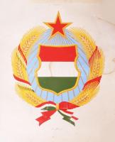 A Magyar Népköztársaság címere (Kádár-címer), színes nyomat, papír, feltekerve, ázásnyomokkal, 55x45 cm + A Szovjetunió címere, nagyméretű nyomat/poszter, hajtásnyommal, feltekerve, 89,5x59 cm