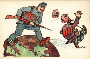 1914-1915 Első világháborús osztrák-magyar szerb-ellenes katonai propaganda. Magyar Földrajzi Intézet Részvénytársaság kiadása / WWI K.u.k. anti-Serbian military mocking card, propaganda s: Biró (EK)