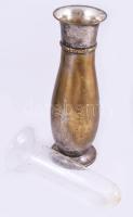 Quist német art deco ezüstözött váza, üveg betéttel, jelzett, m: 30,5 cm