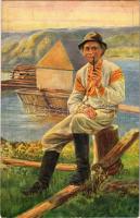 Pöstyén-fürdő, Kúpele Piestany; Vágmenti molnár, úszó vízi hajómalom (vízimalom), népviselet. 16. Pr. 10. sz. / Volkstracht in Bad Pöstyén. Müller an der Waag / traditional costumes from Piestany (Slovakia), folklore, floating watermill (boat mill) on the river Váh s: K. Janovsky