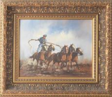 Bán Tibor (1963-): Hortobágyi csikós. Olaj, farost, jjl.: Bán Tibor. 20x25 cm, Dekoratív keretben.