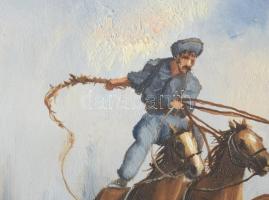Bán Tibor (1963-): Hortobágyi csikós. Olaj, farost, jjl.: Bán Tibor. 20x25 cm, Dekoratív keretben