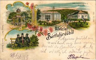1899 Bártfa, Bártfafürdő, Bardejovské Kúpele, Bardiov, Bardejov; Deák szálloda és az új fürdőház, Főforrás, bártfai emlék. Eschwig Ede F. 123. / spa, hotel, bath, spring source. Art Nouveau, floral, litho + "BÁRTFA - EPERJES 186. SZ. A" vasúti mozgóposta bélyegző (felületi sérülés / surface damage)