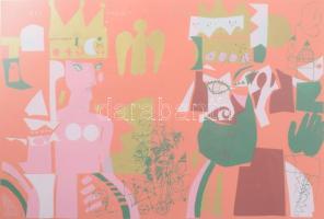 Würtz Ádám (1927-1994): Zöld király. Színes linómetszet, papír, jelzett, számozott 43/100 28x40 cm Üvegezett keretben